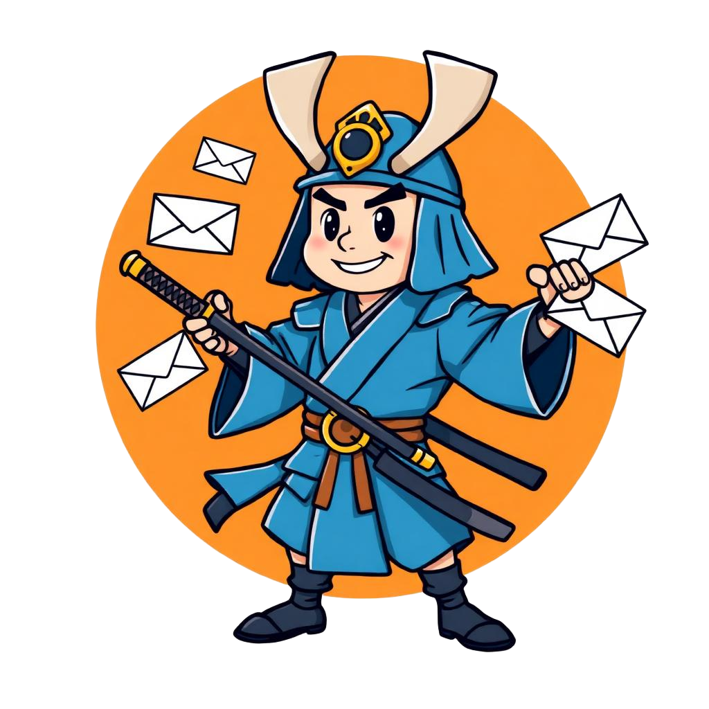 Samurai mascot deflecting spam emails